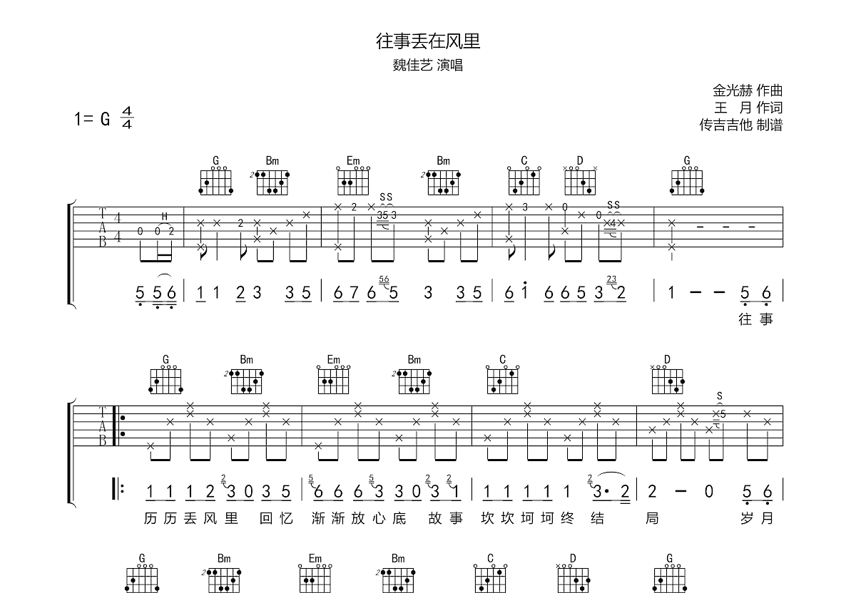 往事丢在风里吉他谱预览图