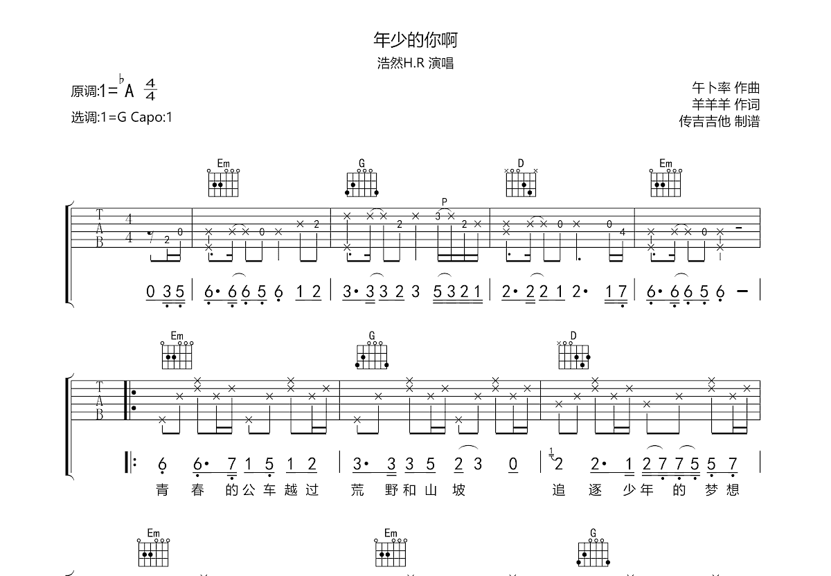 年少的你啊吉他谱预览图