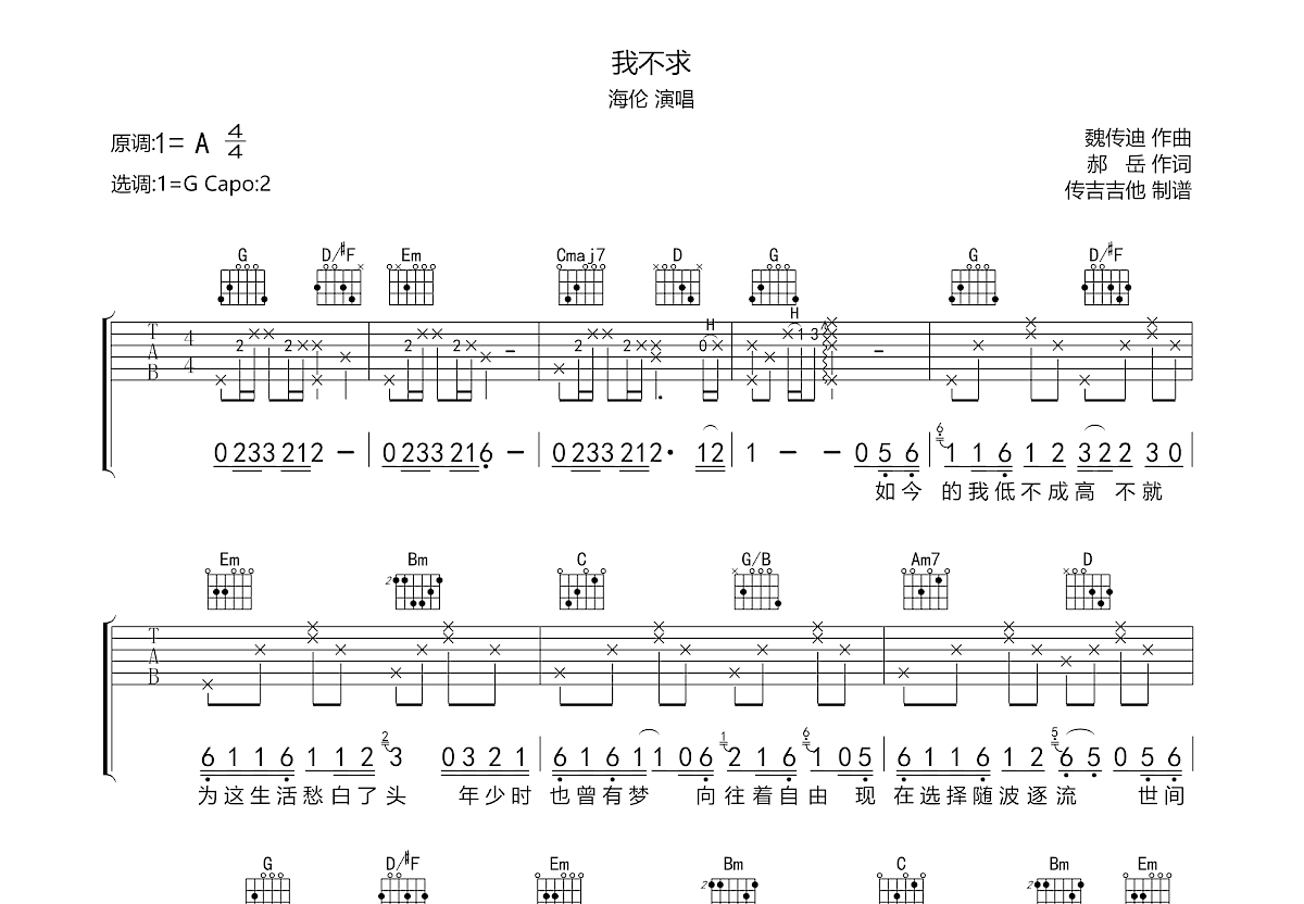 我不求吉他谱预览图