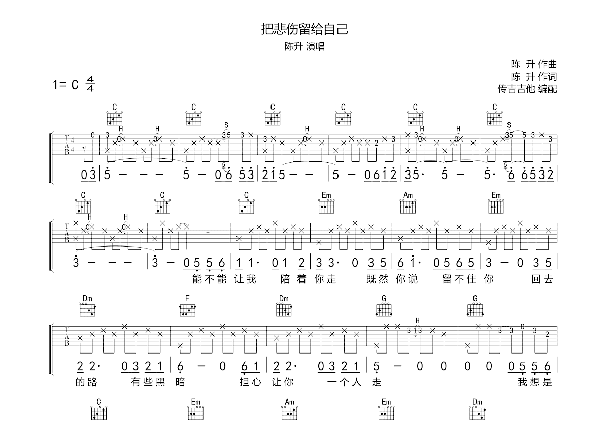 把悲伤留给自己吉他谱预览图