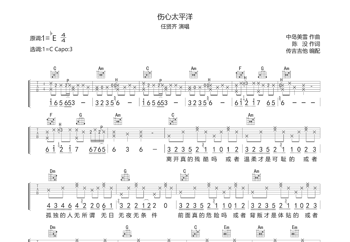 伤心太平洋吉他谱预览图