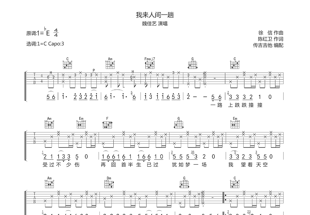 我来人间一趟吉他谱预览图