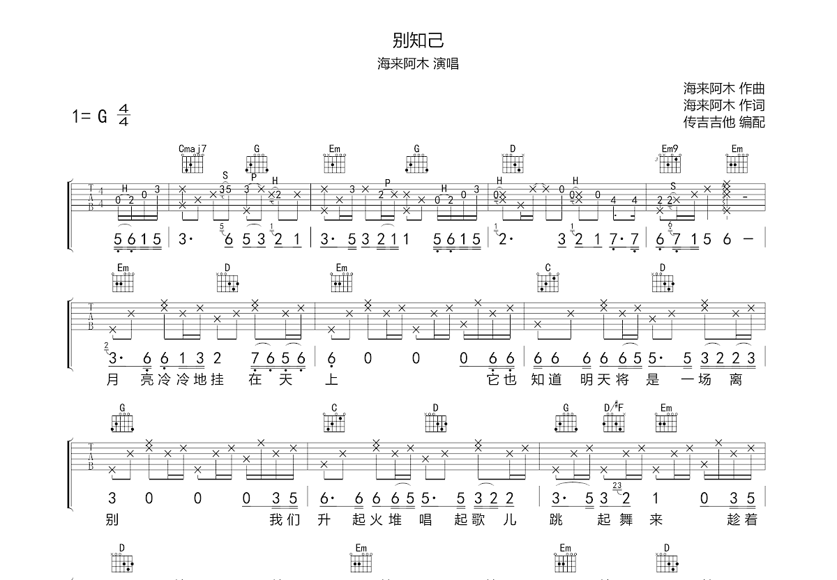 别知己吉他谱预览图