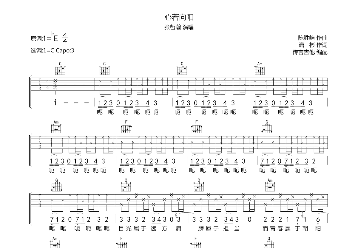 心若向阳吉他谱预览图