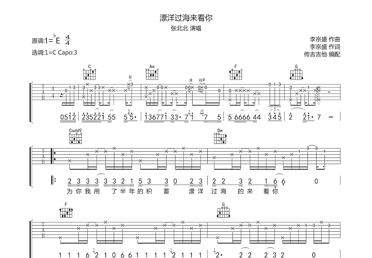 漂洋过海来看你吉他谱预览图