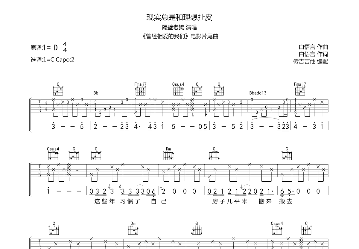 现实总是和理想扯皮吉他谱预览图