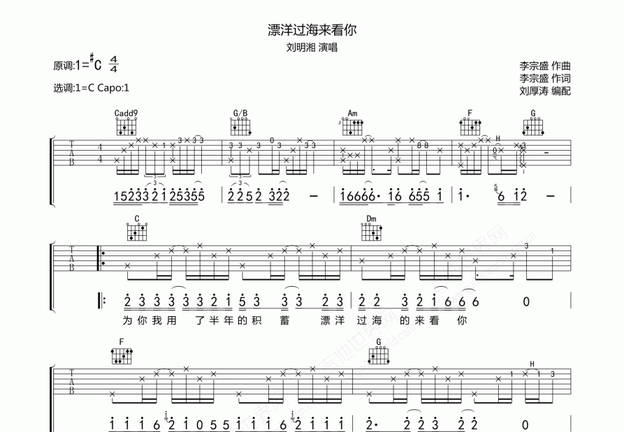 飘洋过海来看你吉他谱预览图