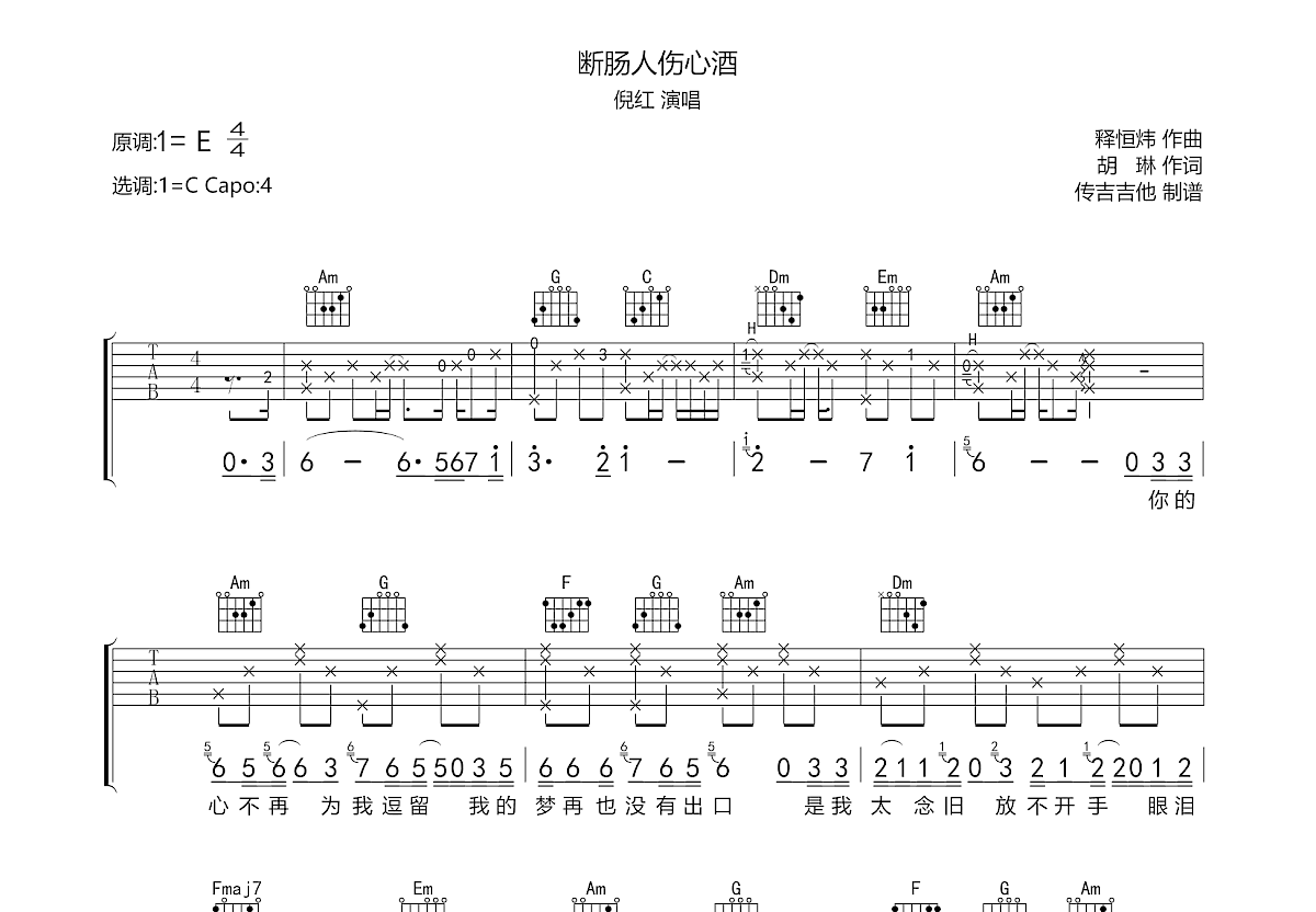 断肠人伤心酒吉他谱预览图