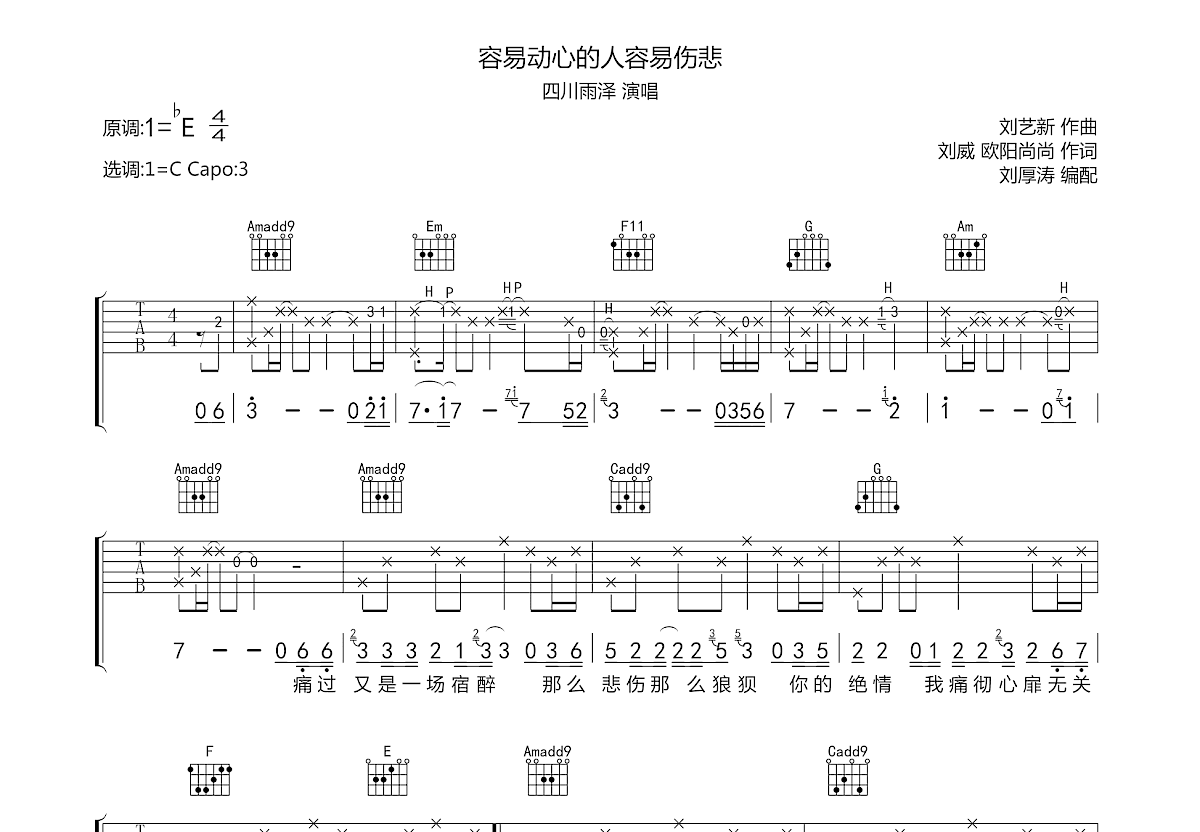 容易动心的人容易伤悲吉他谱预览图