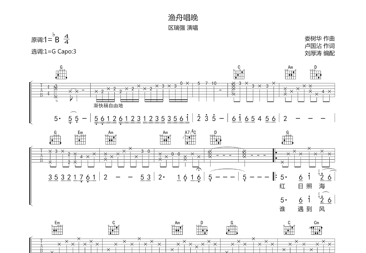 渔舟唱晚吉他谱预览图