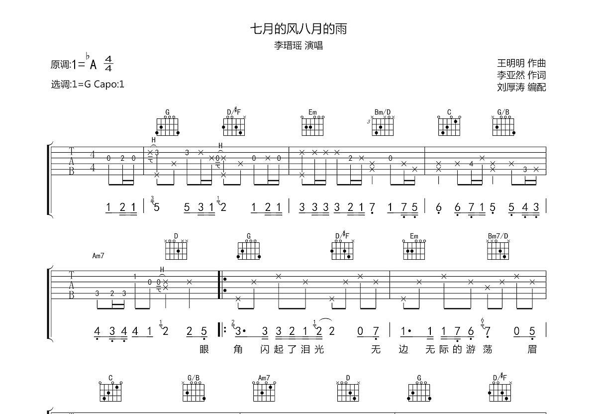 七月的风八月的雨吉他谱预览图