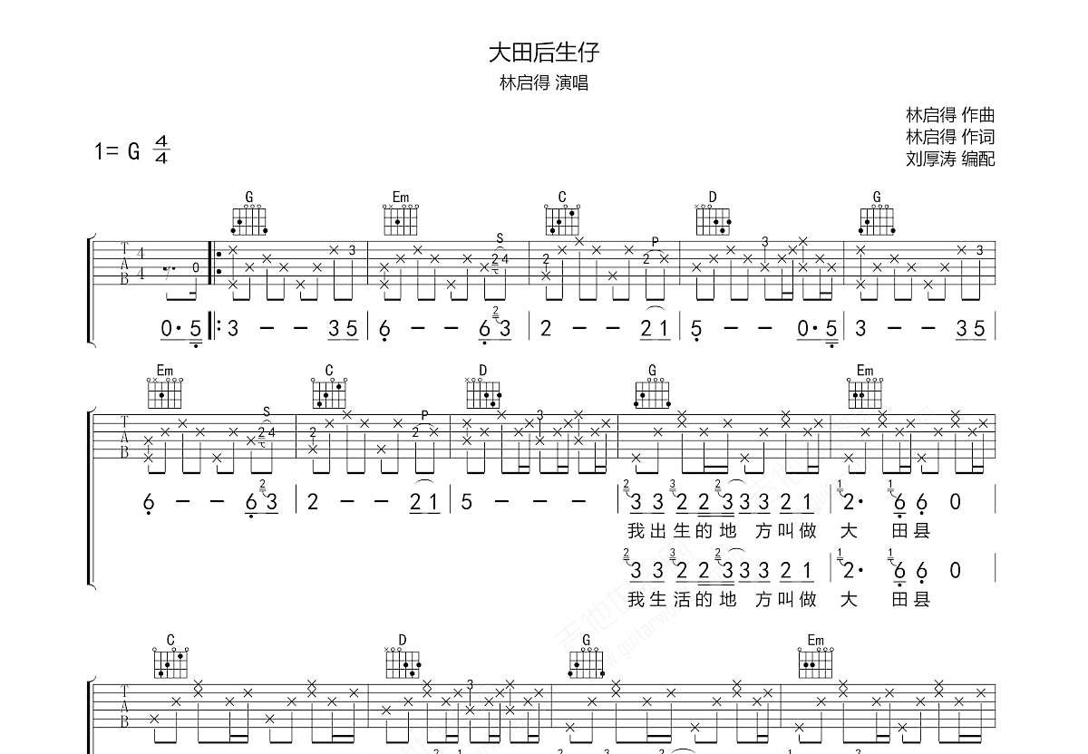 大田后生仔吉他谱预览图