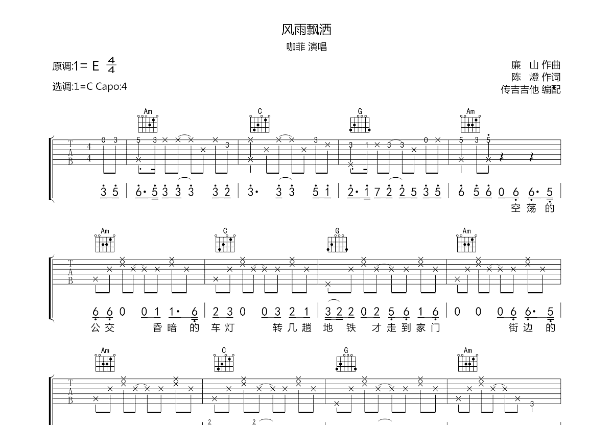 风雨飘洒吉他谱预览图