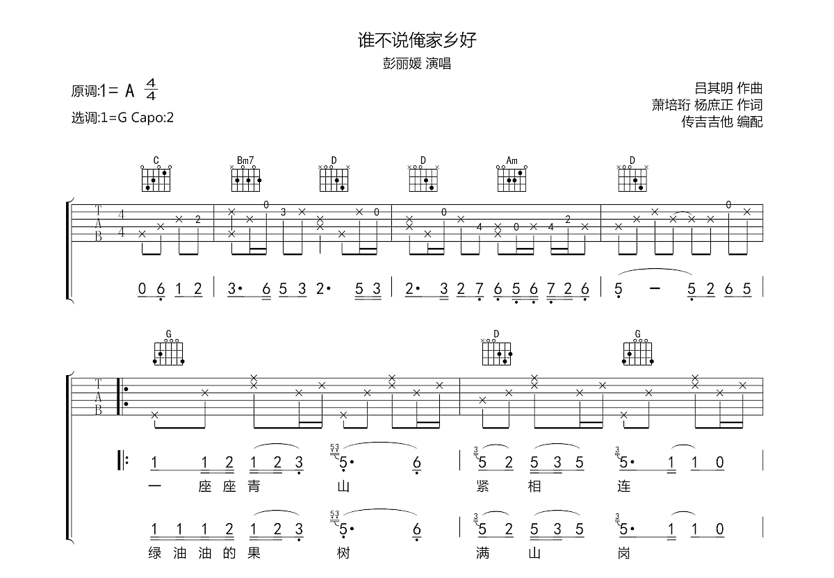 谁不说俺家乡好吉他谱预览图