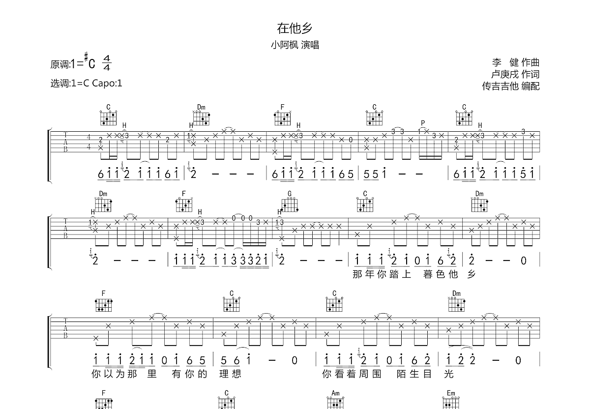 在他乡吉他谱预览图