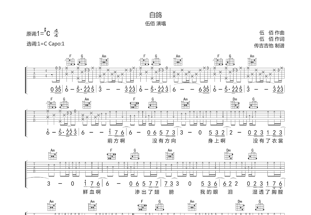 白鸽吉他谱预览图