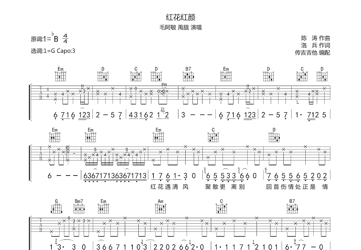 红花红颜吉他谱预览图