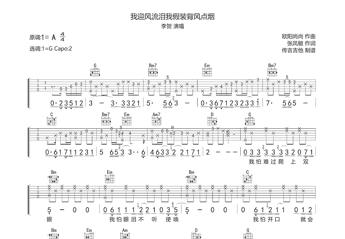 我迎风流泪我假装背风点烟吉他谱预览图