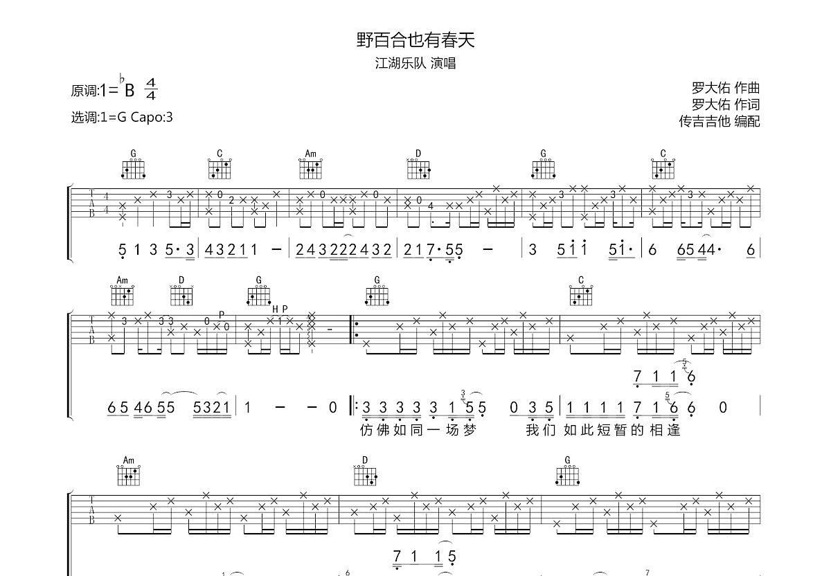 野百合也有春天吉他谱预览图