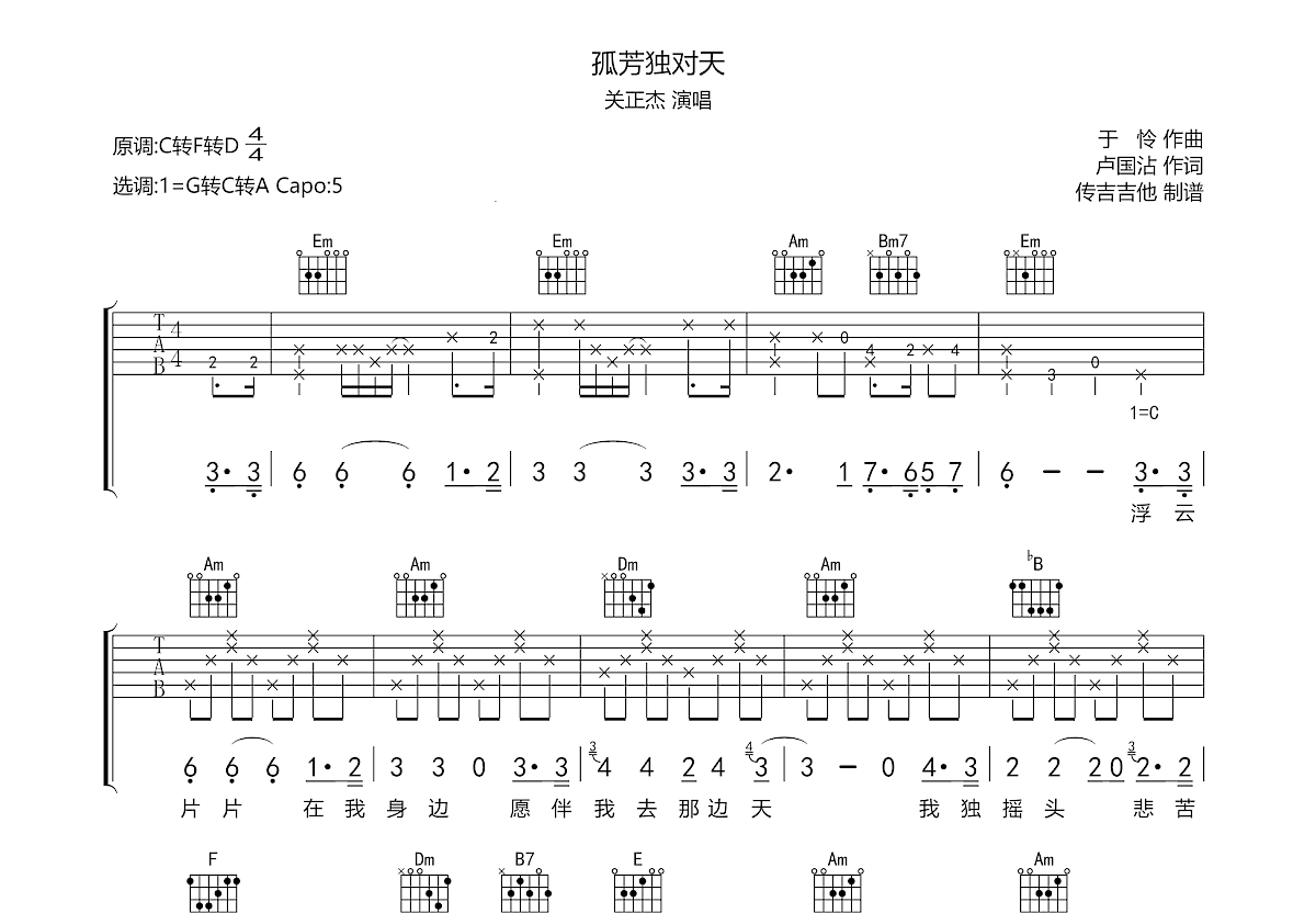 孤芳独对天吉他谱预览图