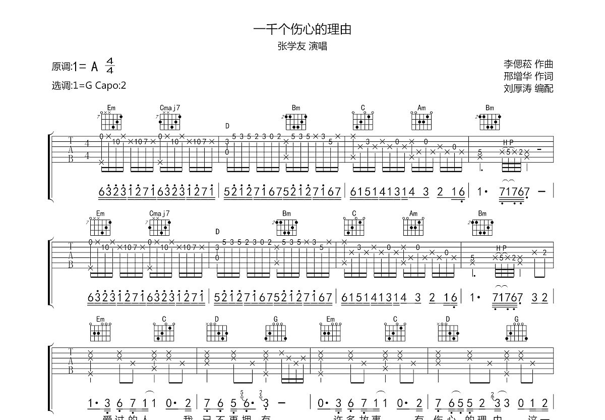 一千个伤心的理由吉他谱预览图