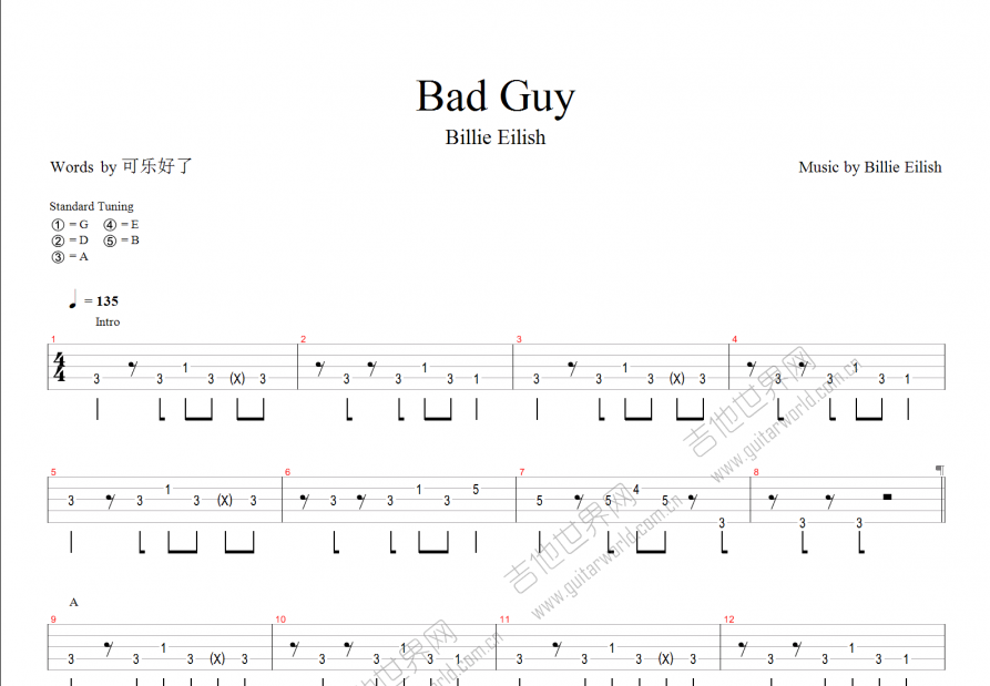 Bad Guy bass谱吉他谱预览图
