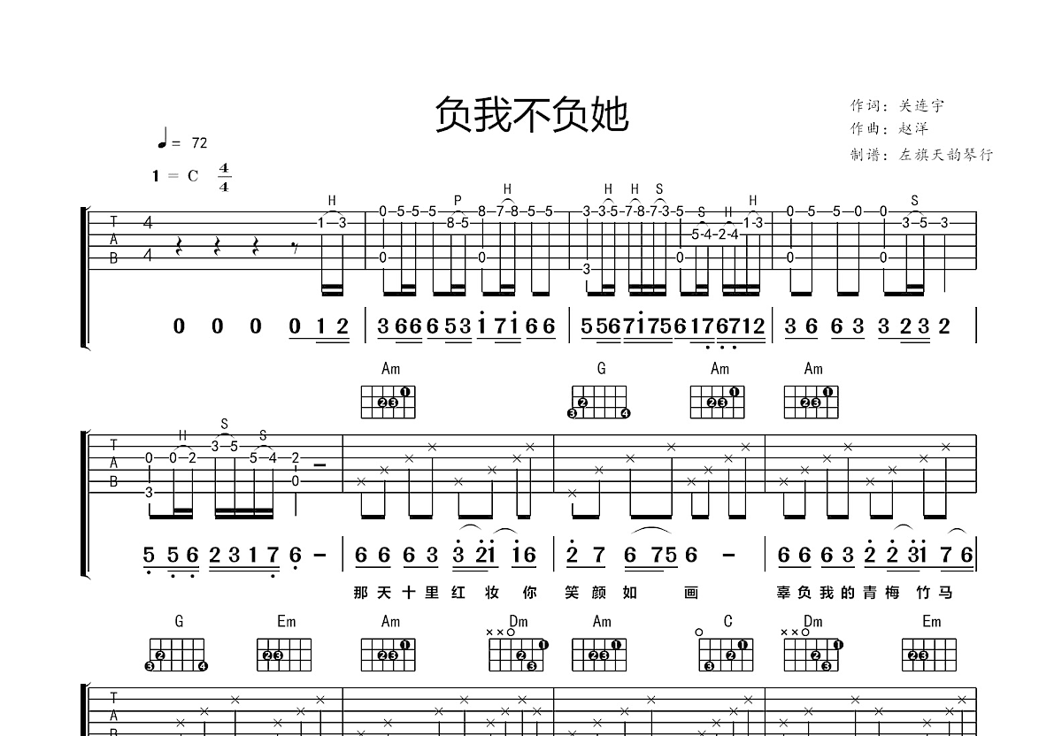 负我不负她吉他谱预览图