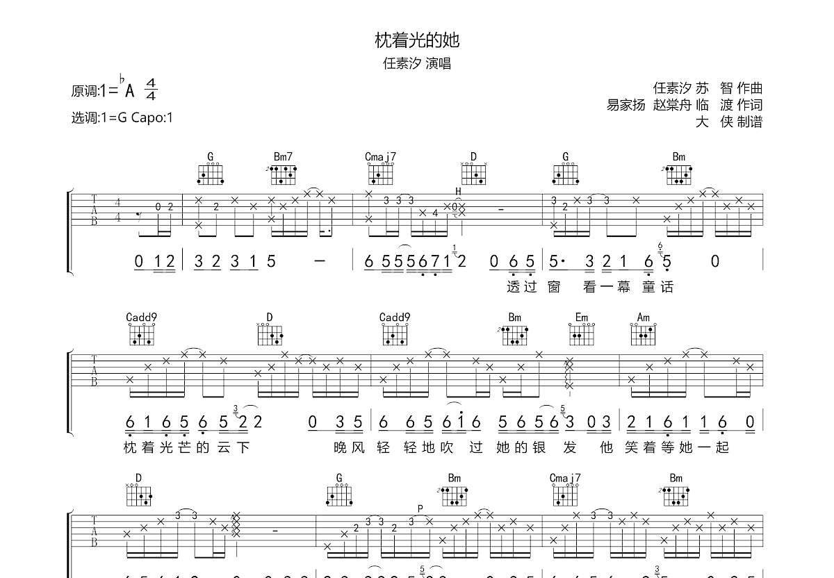 枕着光的她吉他谱预览图