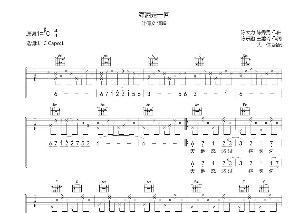 潇洒走一回吉他谱预览图