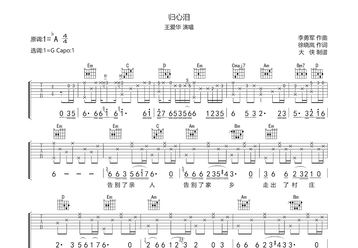 归心泪吉他谱预览图