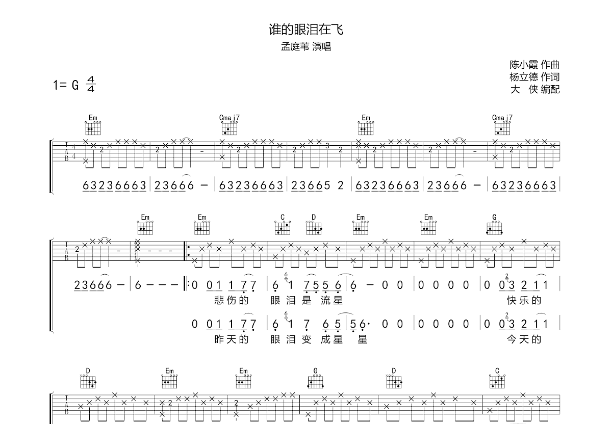 谁的眼泪在飞吉他谱预览图