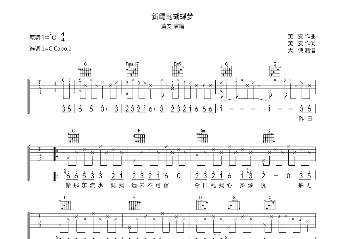 新鸳鸯蝴蝶梦吉他谱预览图