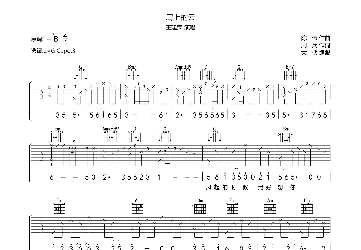肩上的云吉他谱预览图