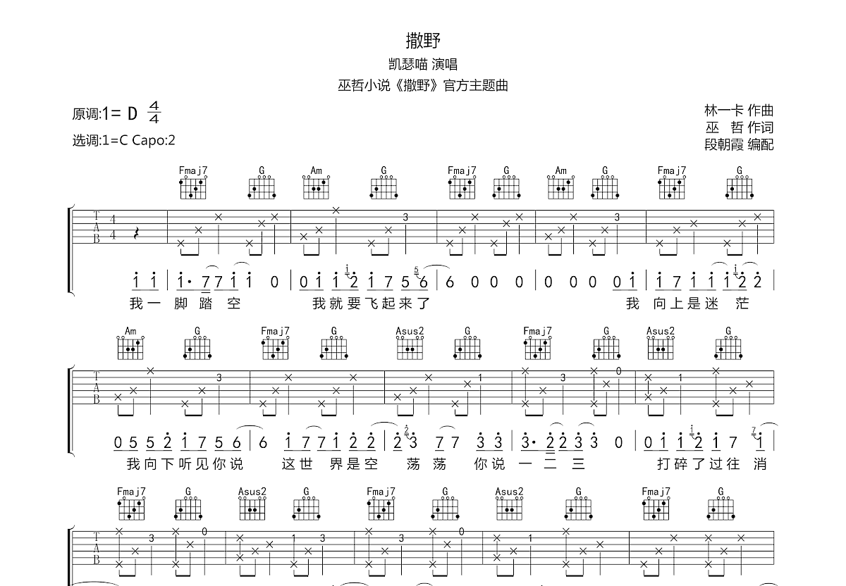 撒野吉他谱预览图