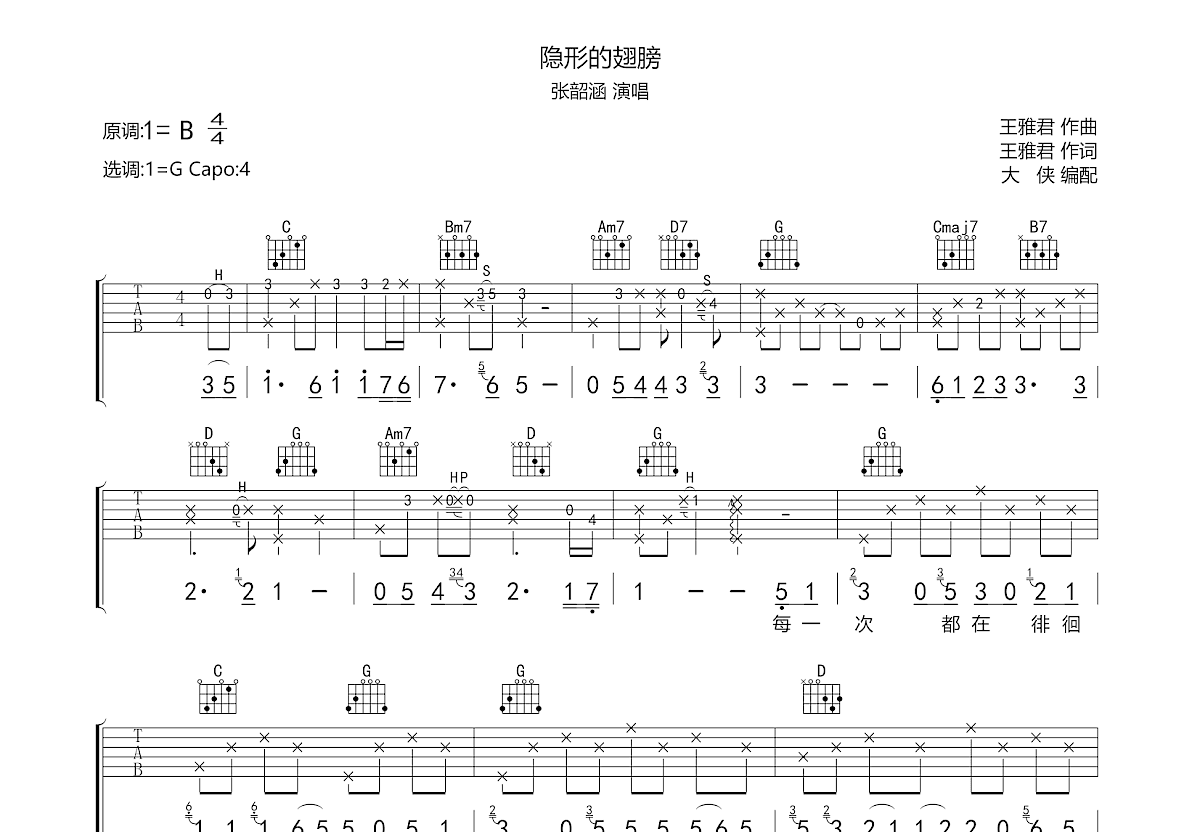 隐形的翅膀吉他谱预览图