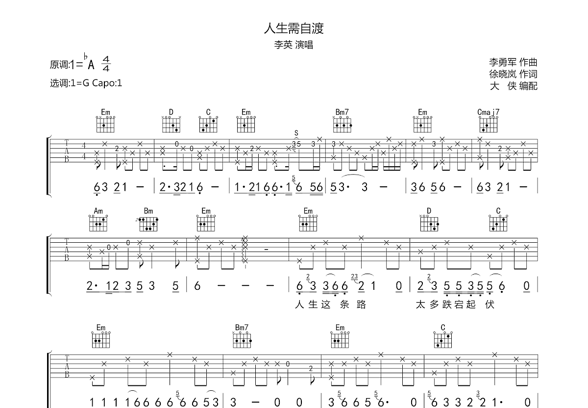 人生需自渡吉他谱预览图