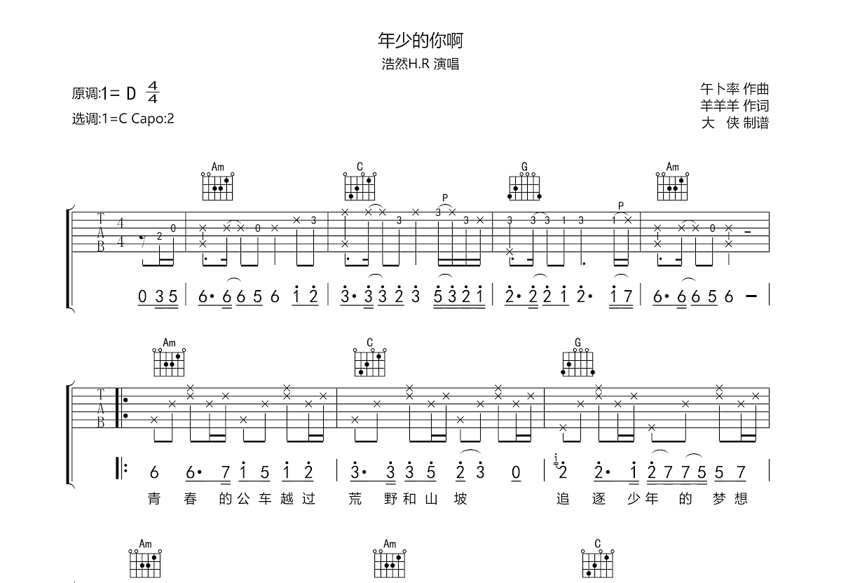 年少的你啊吉他谱预览图
