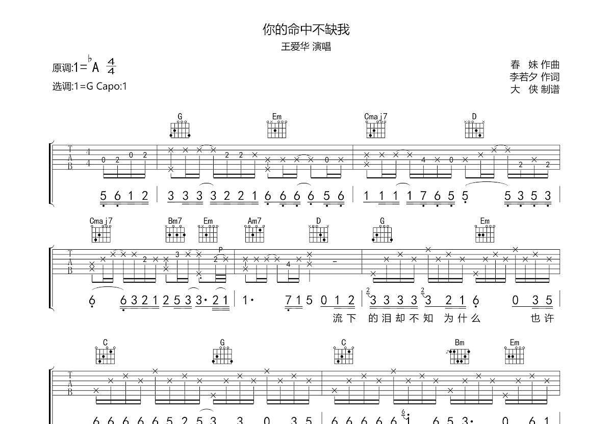 你的命中不缺我吉他谱预览图