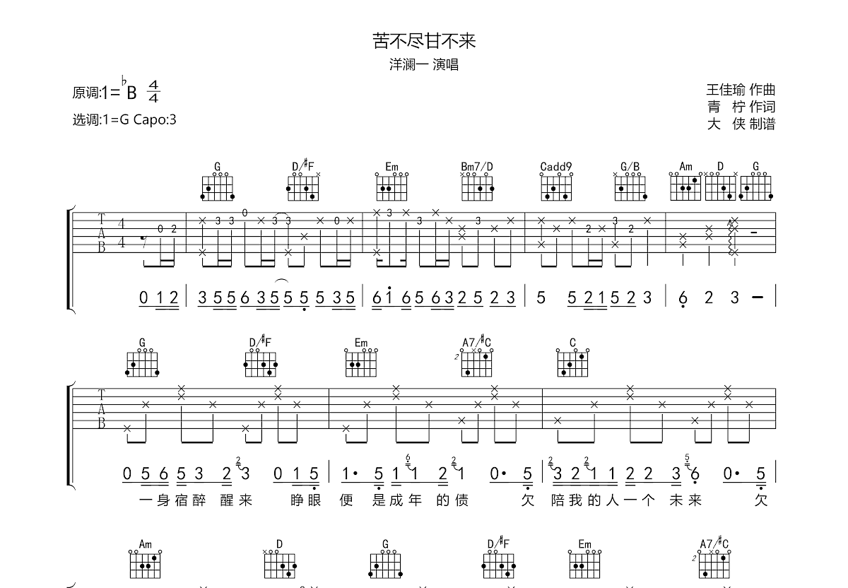 苦不尽甘不来吉他谱预览图