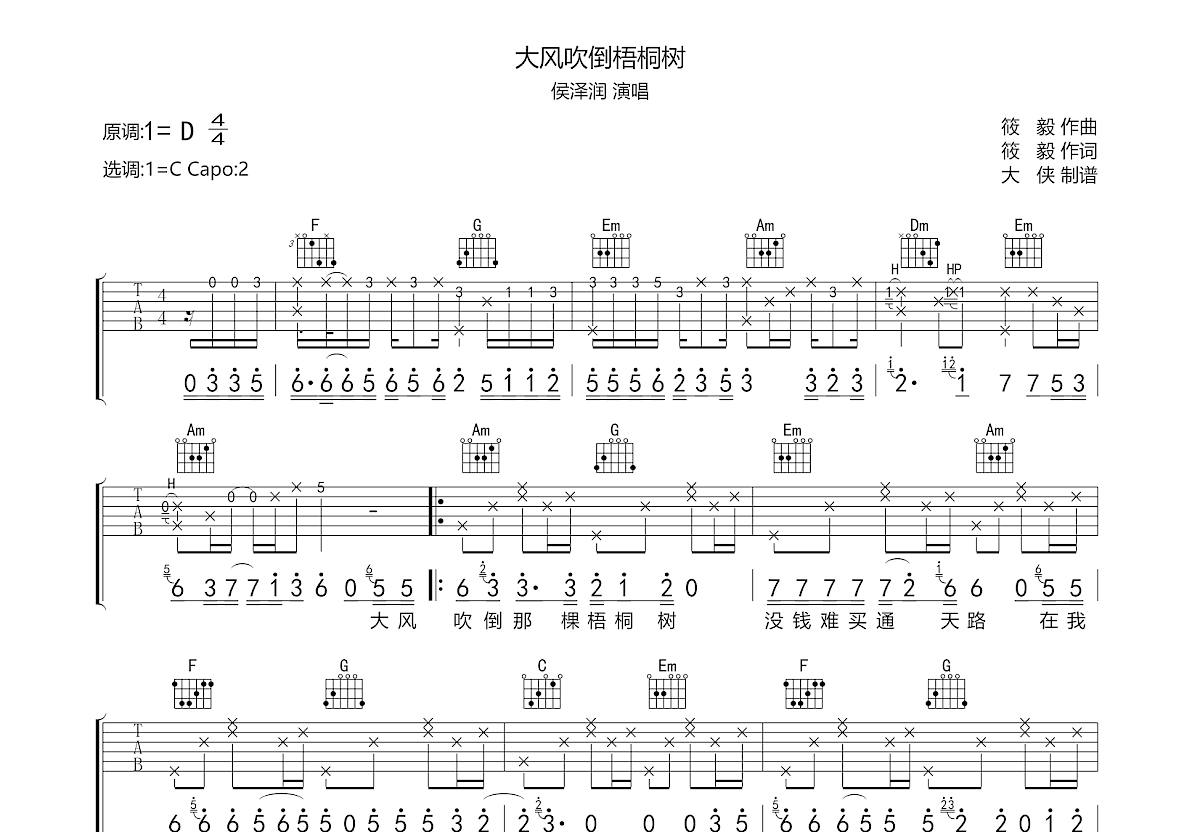 大风吹倒梧桐树吉他谱预览图