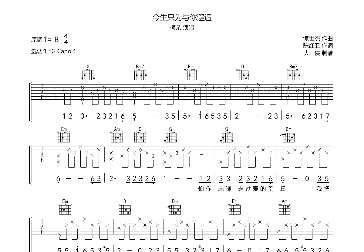 今生只为与你邂逅吉他谱预览图