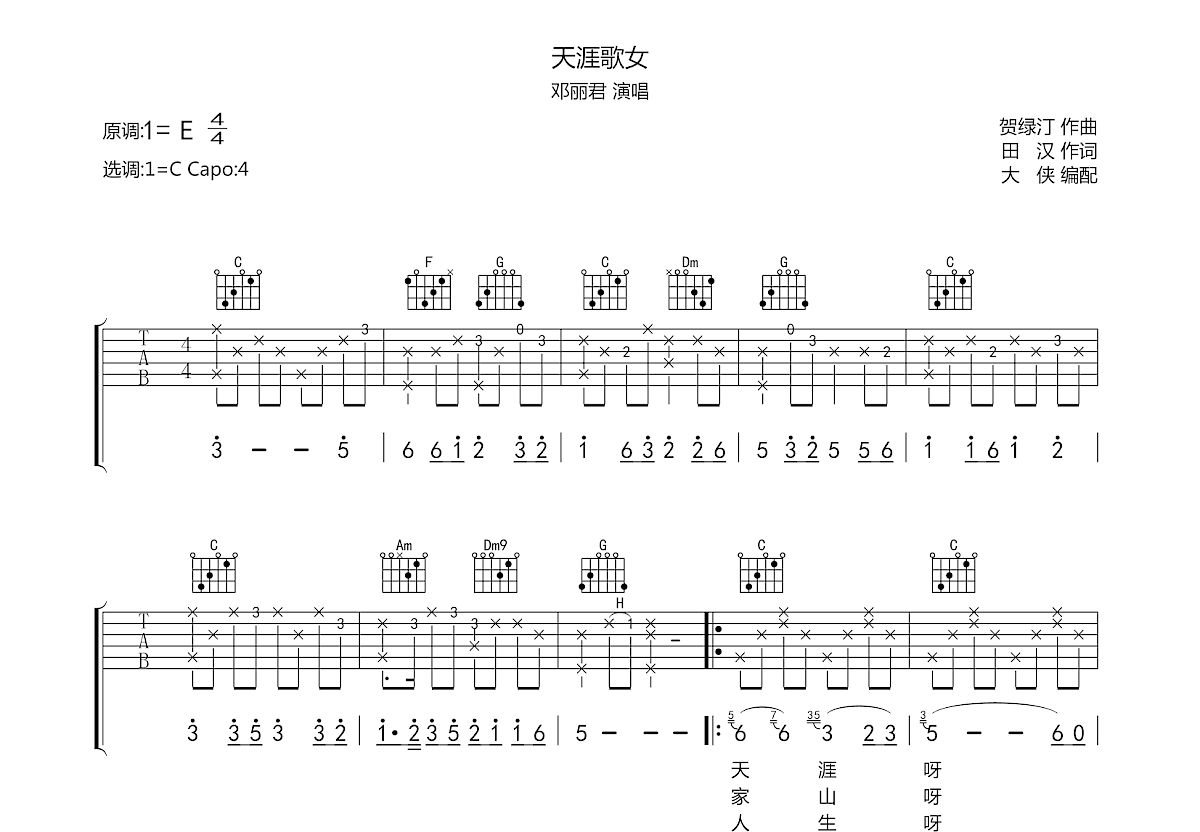 天涯歌女吉他谱预览图