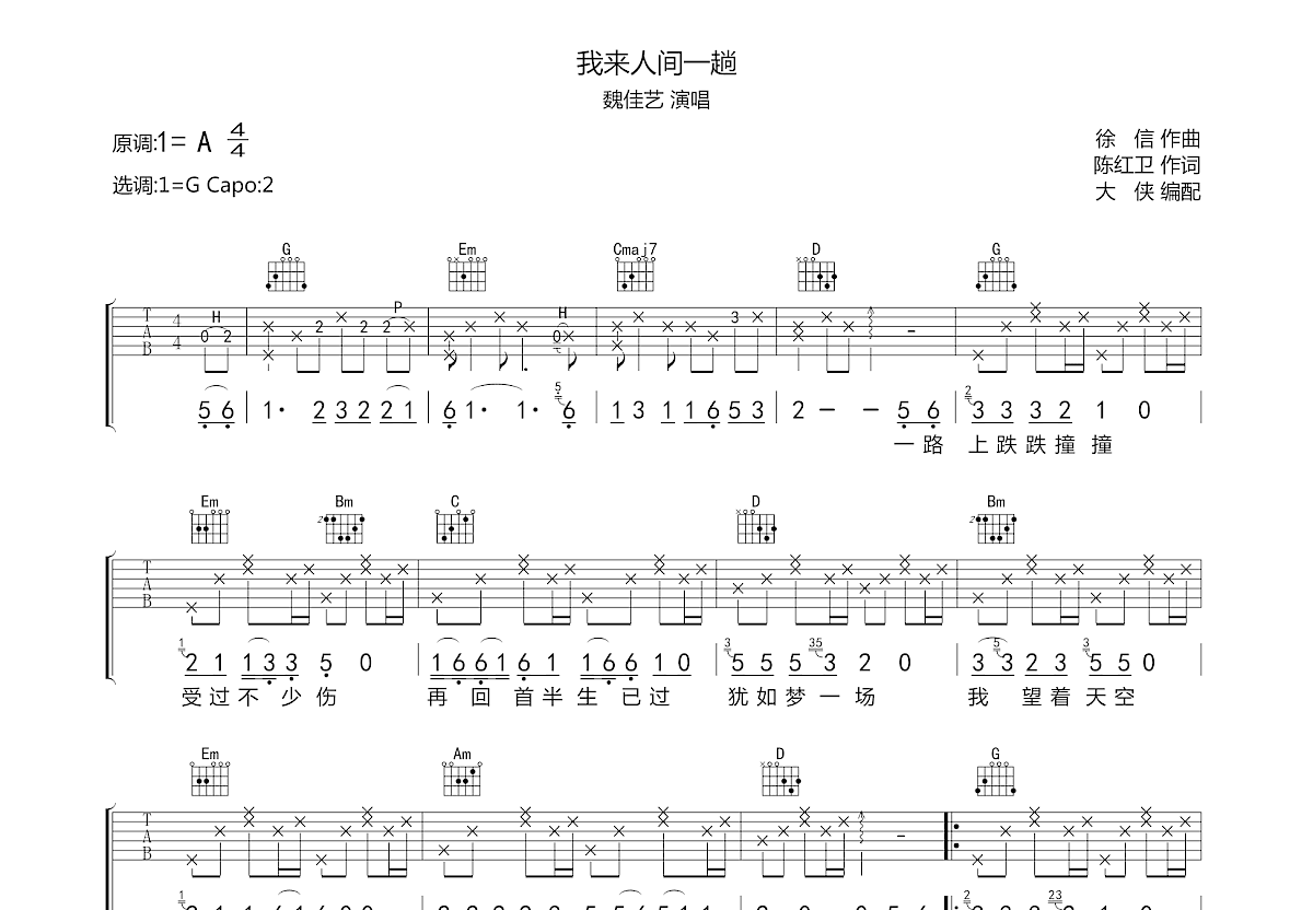 我来人间一趟吉他谱预览图