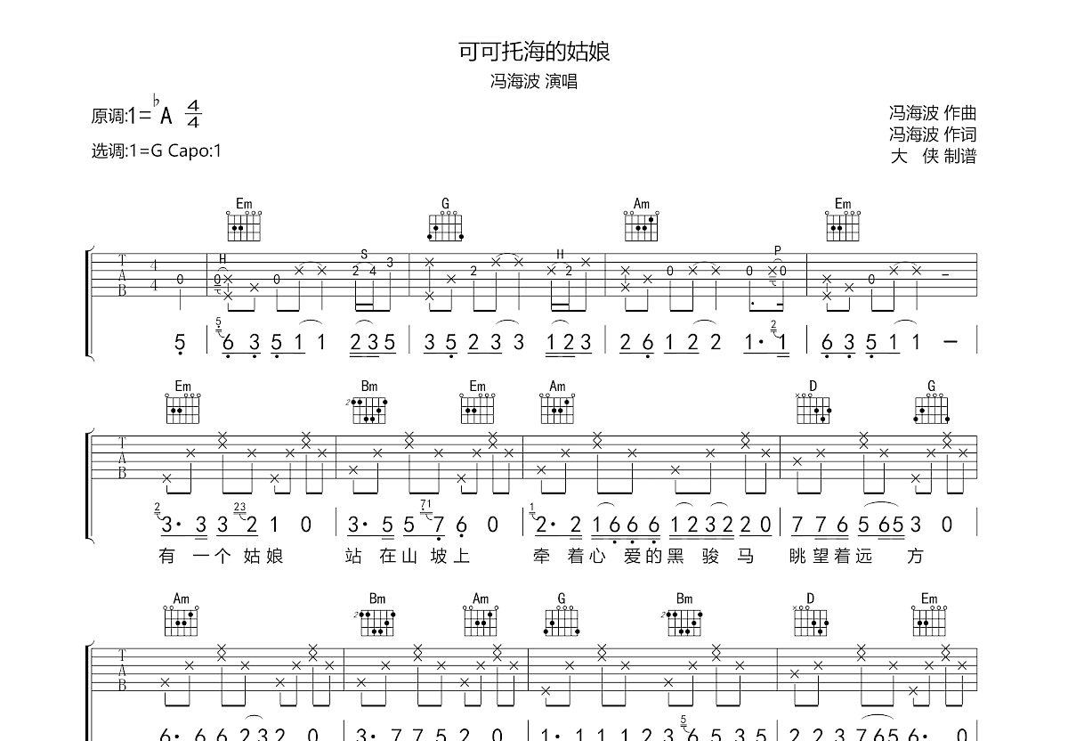 可可托海的姑娘吉他谱预览图