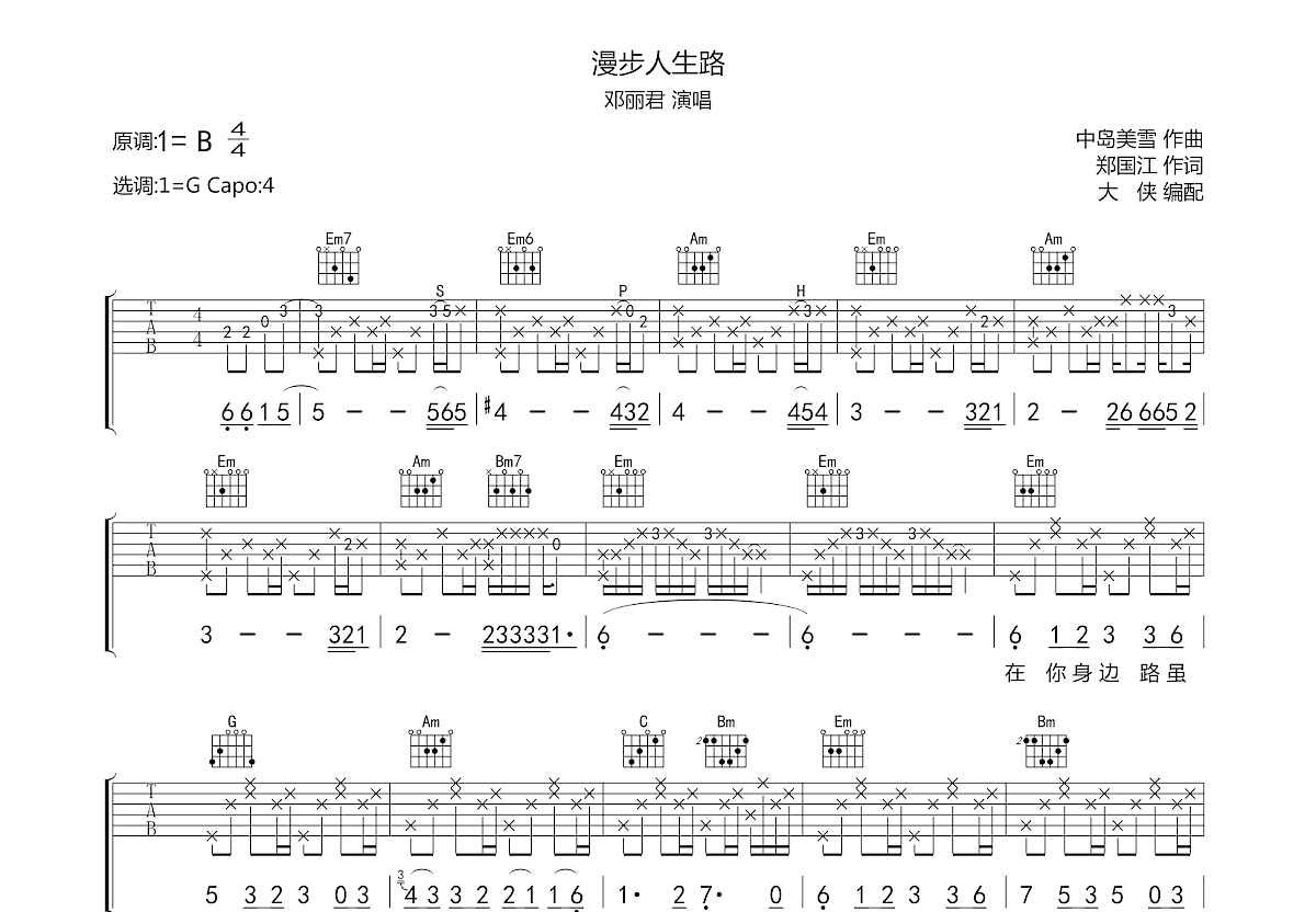 漫步人生路吉他谱预览图