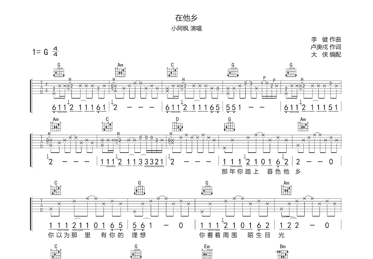 在他乡吉他谱预览图