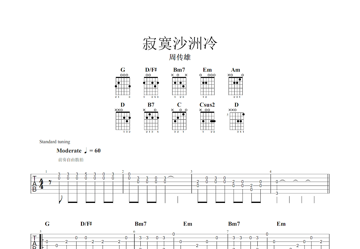 寂寞沙洲冷吉他谱预览图