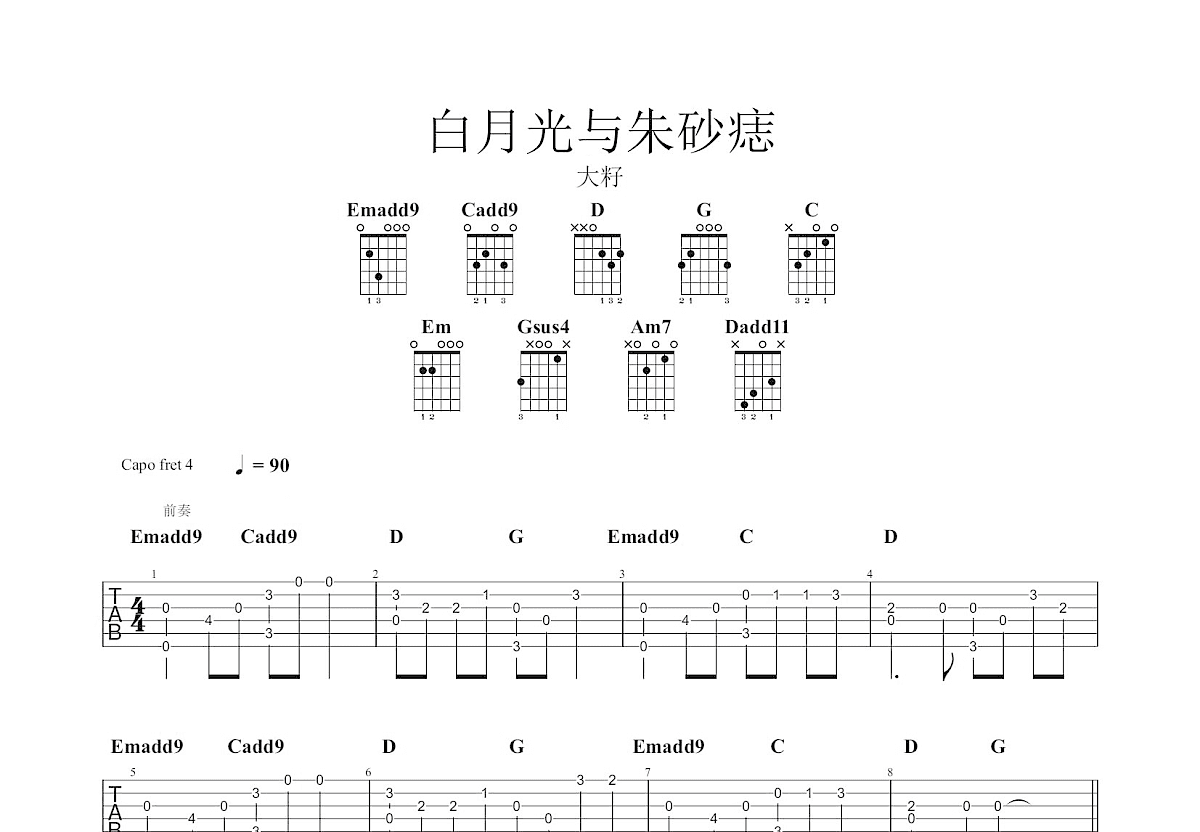 白月光与朱砂痣吉他谱预览图