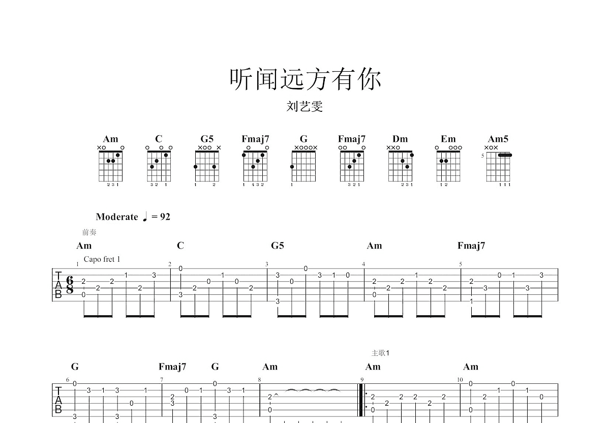 听闻远方有你吉他谱预览图