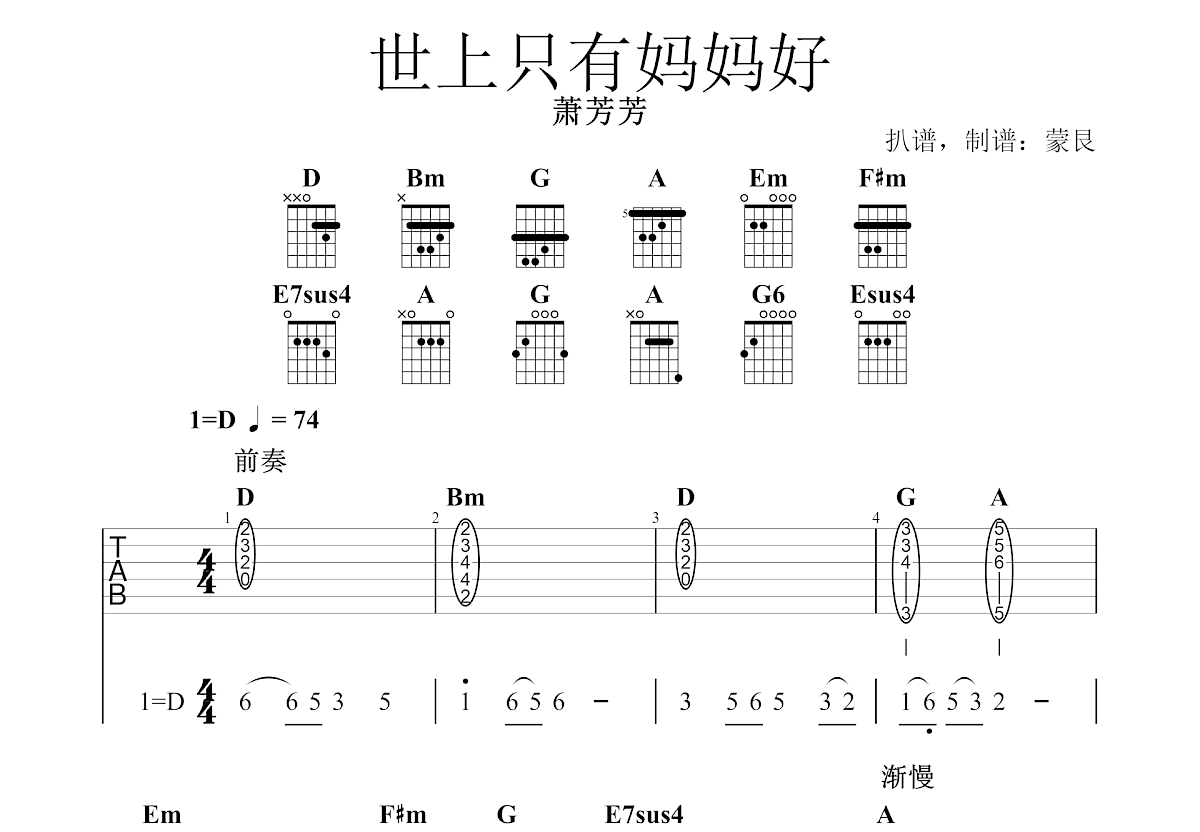 世上只有妈妈好吉他谱预览图